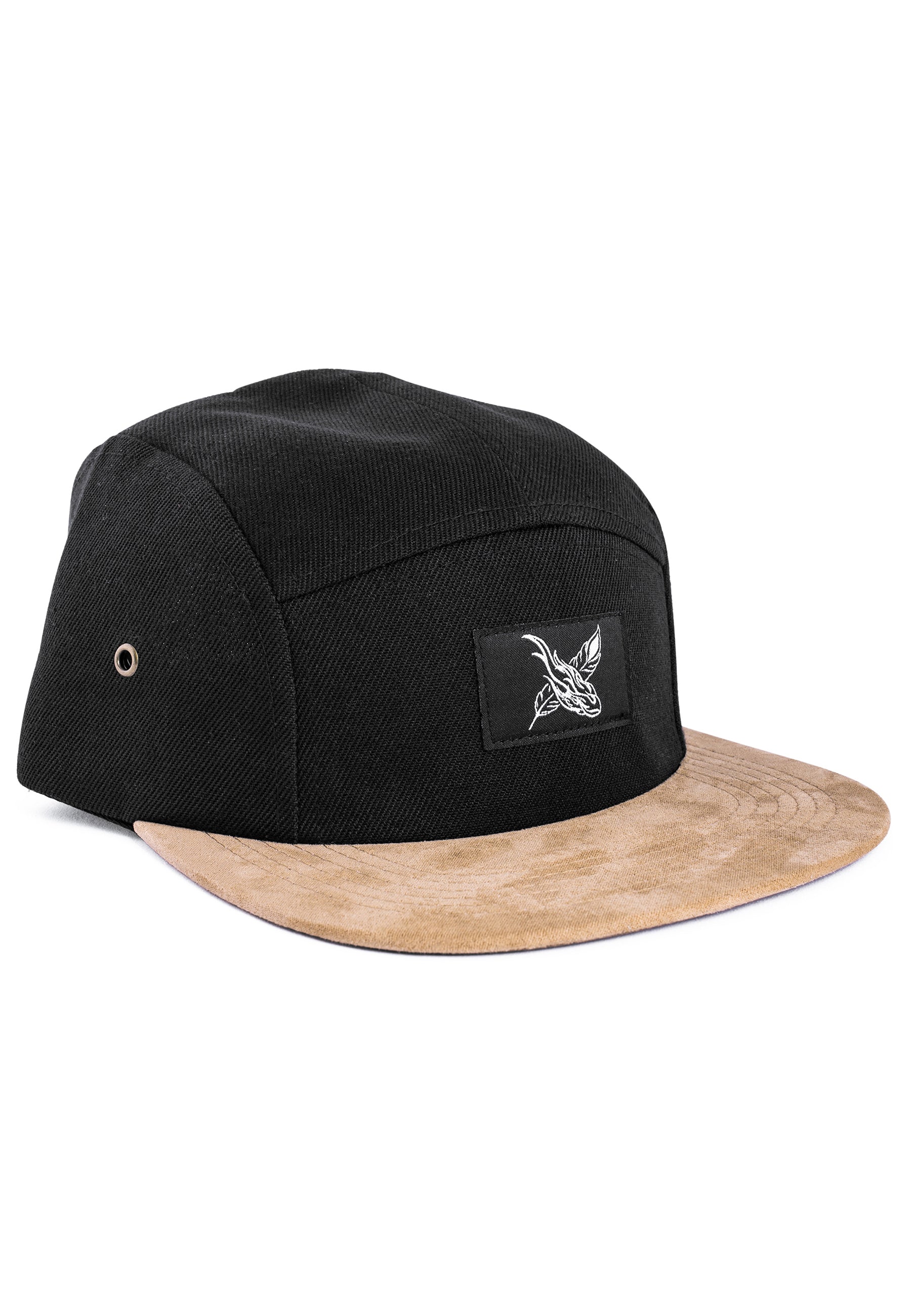 Port-Fairy-5-Panel-Cap-Black-Suede-Front