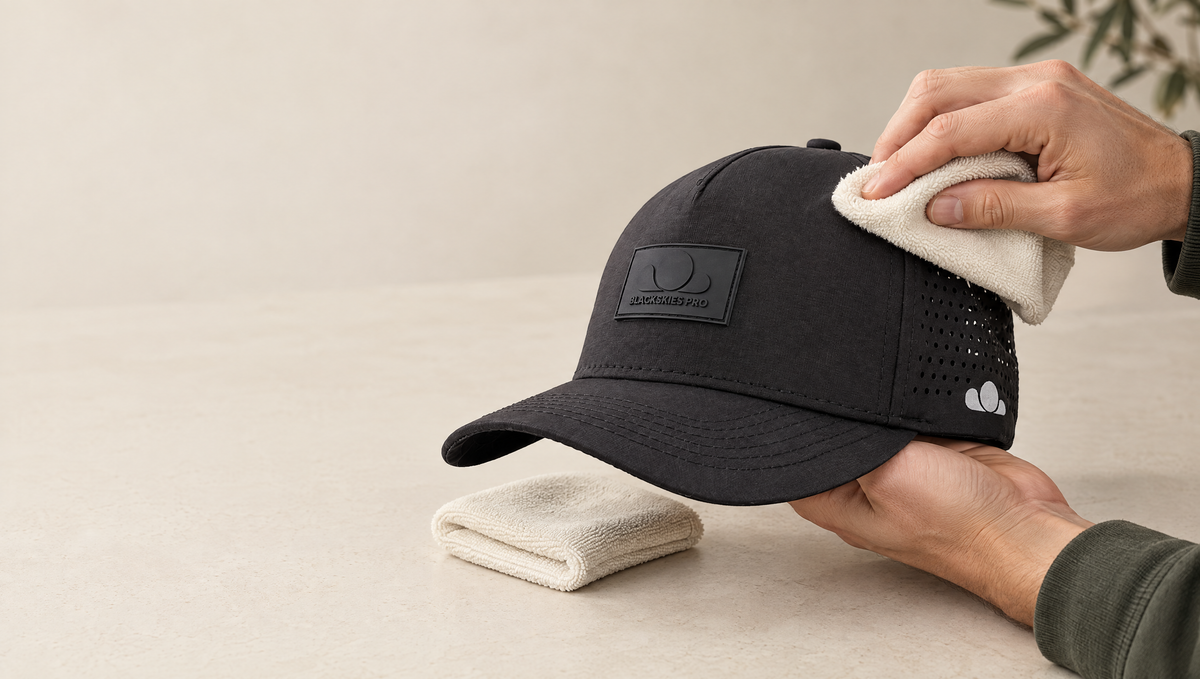 Gently wiping a black Blackskies Pro Flow cap with a soft cloth